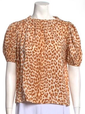 Ulla Johnson Cream & Tan Leopard-Print Silk Puff Sleeve Blouse